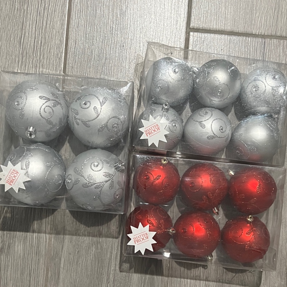 NIB Holiday Time Silver and Red Swirl Ornaments